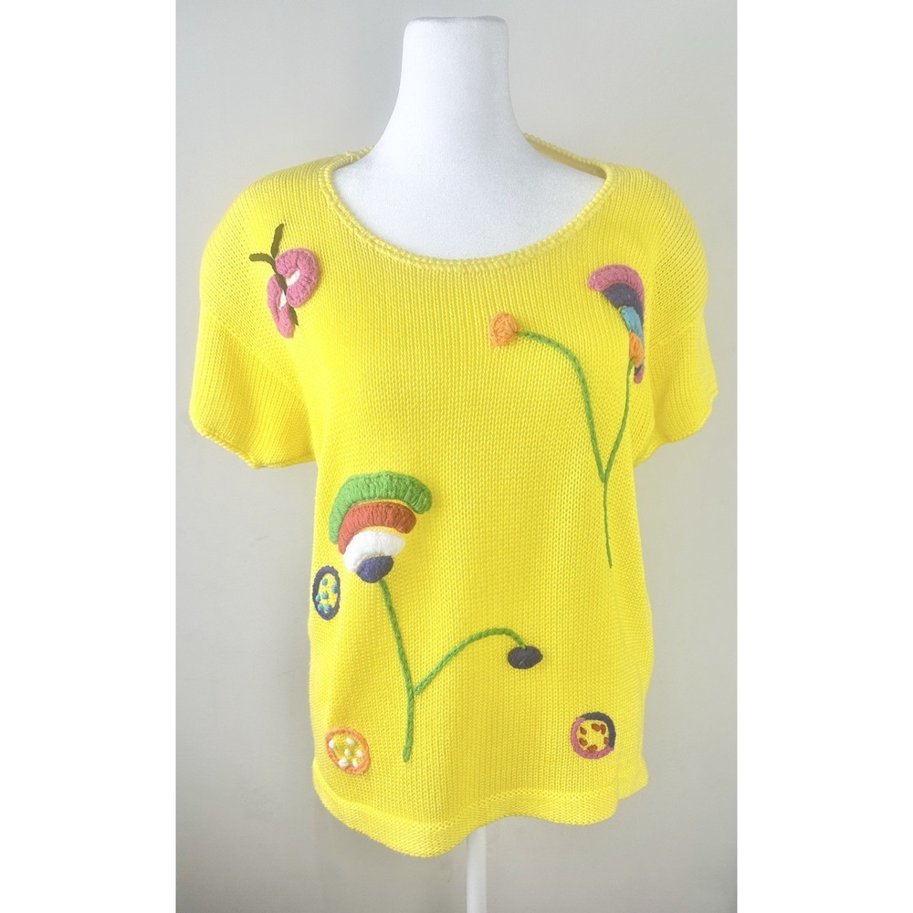 Leslie Fay Sportsear Knit Yellow Embroidered Floral Butterfly S/S Sweater-Sz S